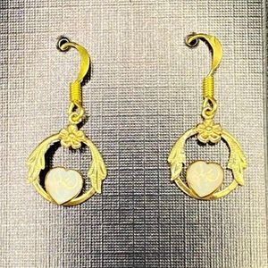 Opalescent Heart Earrings with Flower & Leaf Motif